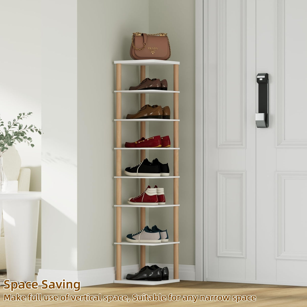 NUTMAK 8-Tier Tall Shoe Rack, Narrow Wooden Shoe Organizer for Entryway, Closet, Dorm, Small Spaces, Freestanding Vertical Shoe Shelf for Sneakers, Boots & Heels NUTMAK