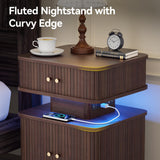 Night Stand, LED Nightstand, Modern Nightstand with Charging Station, Night Stand with 2 Drawers and Sliding Door, Curvy Edge, Small Bedside Table for Bedroom, Walnut AKMAKM