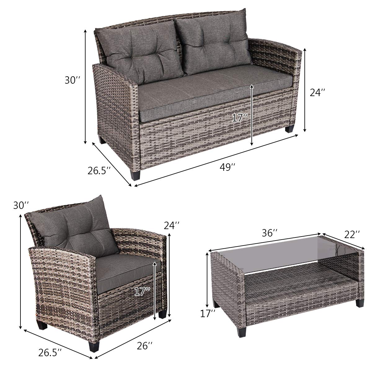 Tangkula 4 PCS Patio Wicker Conversation Furniture Set, Outdoor Rattan Sofa Set with Padded Cushion & Tempered Glass Coffee Table, Wicker Sectional Sofas & Table for Courtyard Balcony Garden (1, Grey) Tangkula