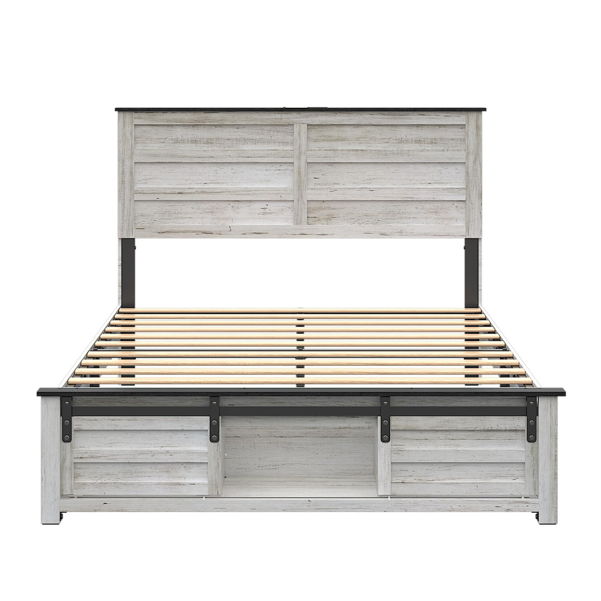 madeslves Wooden Bed Frame Full Size with Sliding Barn Door Storage Cabinets and Headboard, Farmhouse Platform Bedframe with Charging Station & Lights, Noiseless, No Box Spring Needed, White madeslves
