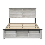 madeslves Wooden Bed Frame Full Size with Sliding Barn Door Storage Cabinets and Headboard, Farmhouse Platform Bedframe with Charging Station & Lights, Noiseless, No Box Spring Needed, White madeslves