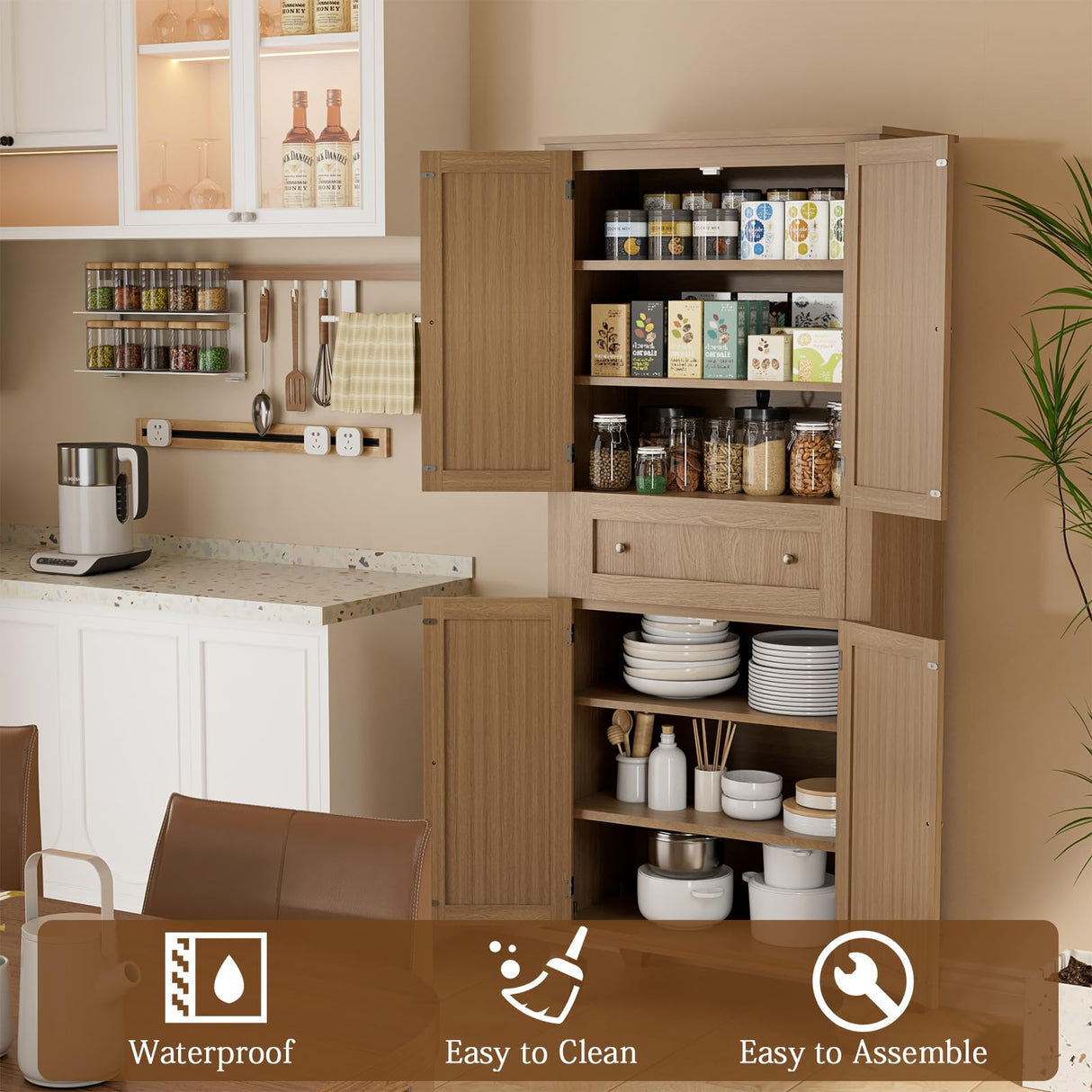 Yeyawomy 72" Tall Pantry Cabinet,Rattan Pantry Storage Cabinet,Large Kitchen Cabinet with Doors&Drawers,Freestanding Cupboard with Adjustable Shelves for Dining Room Yeyawomy