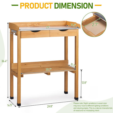 Outvita Outdoor Garden Potting Bench Table Work Bench with 2 Drawer, Storage Shelf, Metal Tabletop, 3 Hooks for Horticulture, Natural Wood Outvita
