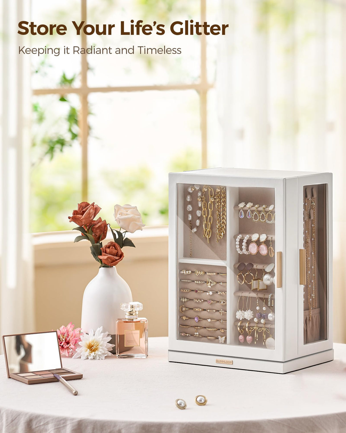 Glimmloop 360° Rotating Jewelry Box with 7 Drawers, Spacious Vertical Jewelry Organizer with Glass Window, Jewelry Storage Case, Dustproof & Moisture-resistant Design, White Glimmloop