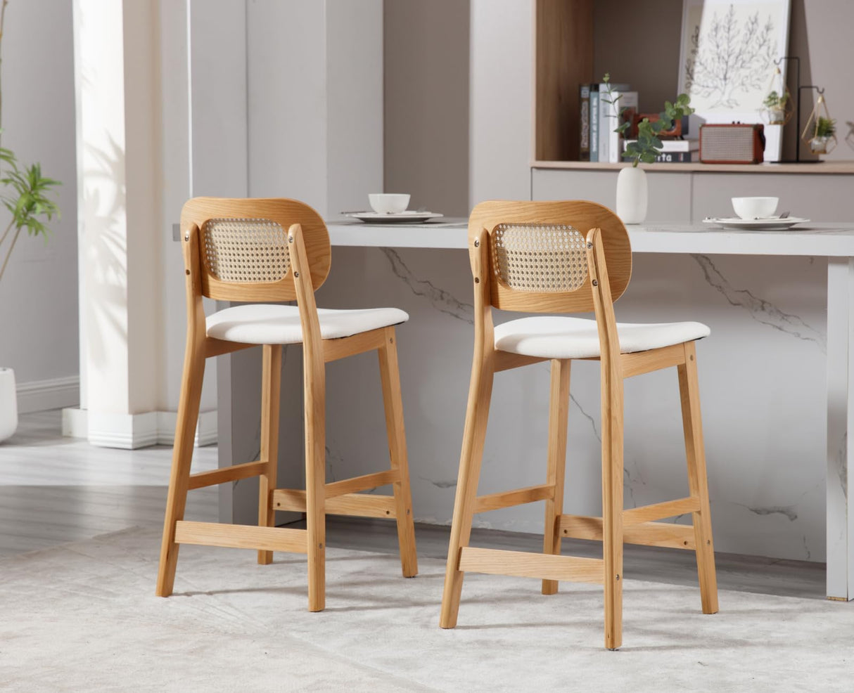 Shunzhi Rattan Counter Height Bar Stools Set of 2 Upholstered Farmhouse Barstools with Cane Back Boho Wood Kitchen Island Chairs Comfy Bar Chairs for Pub/Home Bar, Linen Beige Shunzhi