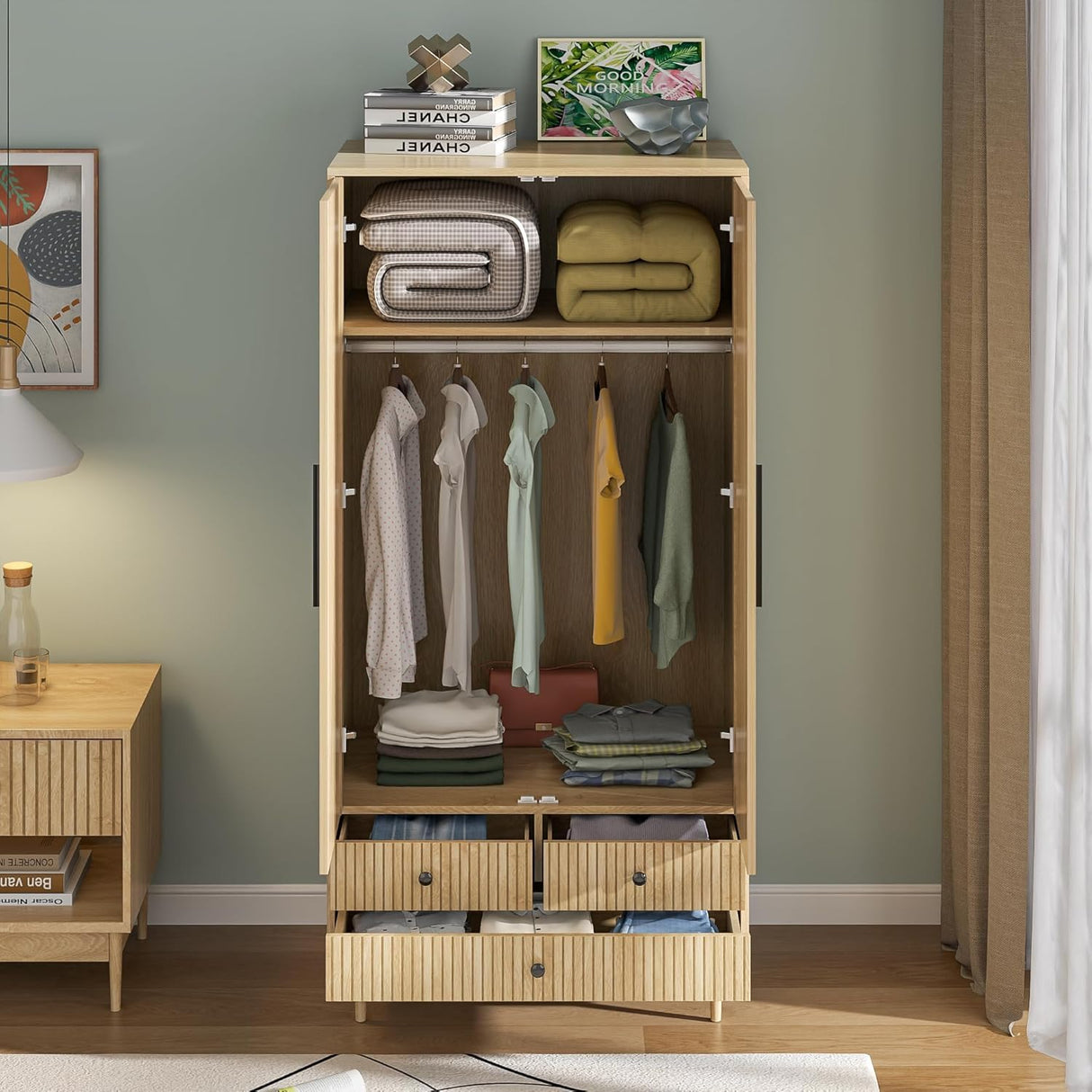 Armoire Wardrobe Closet with Drawers and 2 Fluted Doors 64.96 in Farmhouse Closet Wardrobe Cabinet with Hanging Rod Freestanding Wooden Bedroom Armoire Storage Cabinet with Shelf (1, Natural) Fsbecl