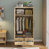 Armoire Wardrobe Closet with Drawers and 2 Fluted Doors 64.96 in Farmhouse Closet Wardrobe Cabinet with Hanging Rod Freestanding Wooden Bedroom Armoire Storage Cabinet with Shelf (1, Natural) Fsbecl