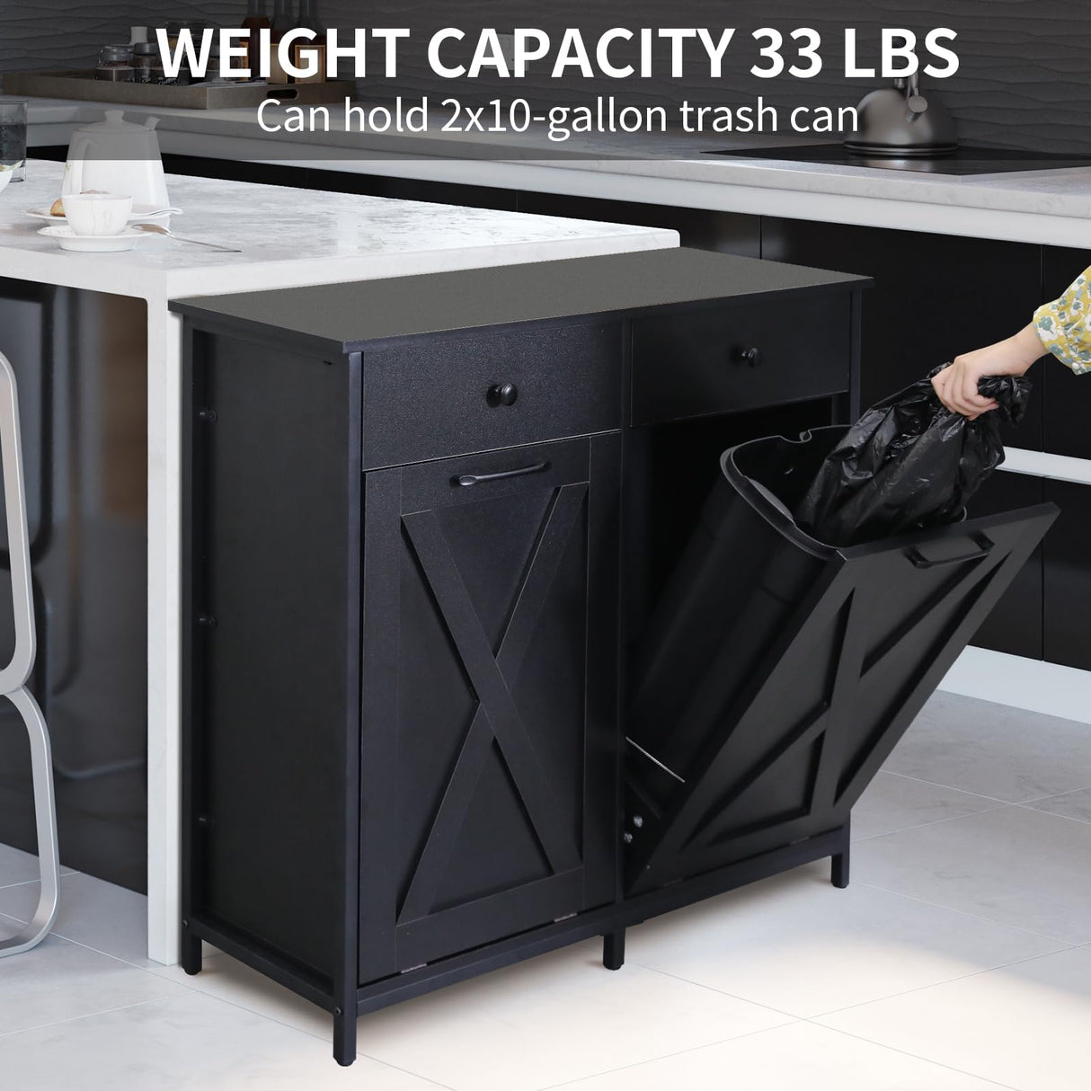 MAMIZO Double Tilt Out Trash Cabinet 10 Gallon*2,Kitchen Garbage Cabinet,Pet-Proof Standing Hidden Dual Laundry Sorter,W/Hideaway Drawer,for Kitchen,Living,Dining Room (Black) MAMIZO