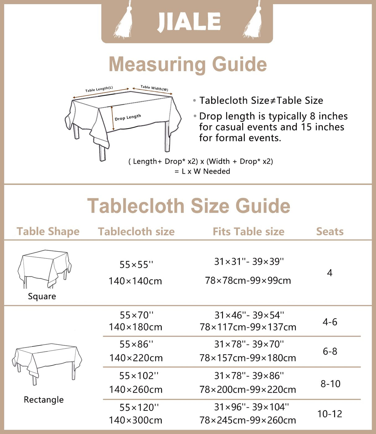 JIALE Tablecloths for Rectangle Tables, Cotton Linen Table Cloth Waterproof Tablecloth Wrinkle Free Farmhouse Dining Table Cover, Soft Fabric Table Cloths with Tassels, Brown, 55" X 70", 4-6 Seats JIALE