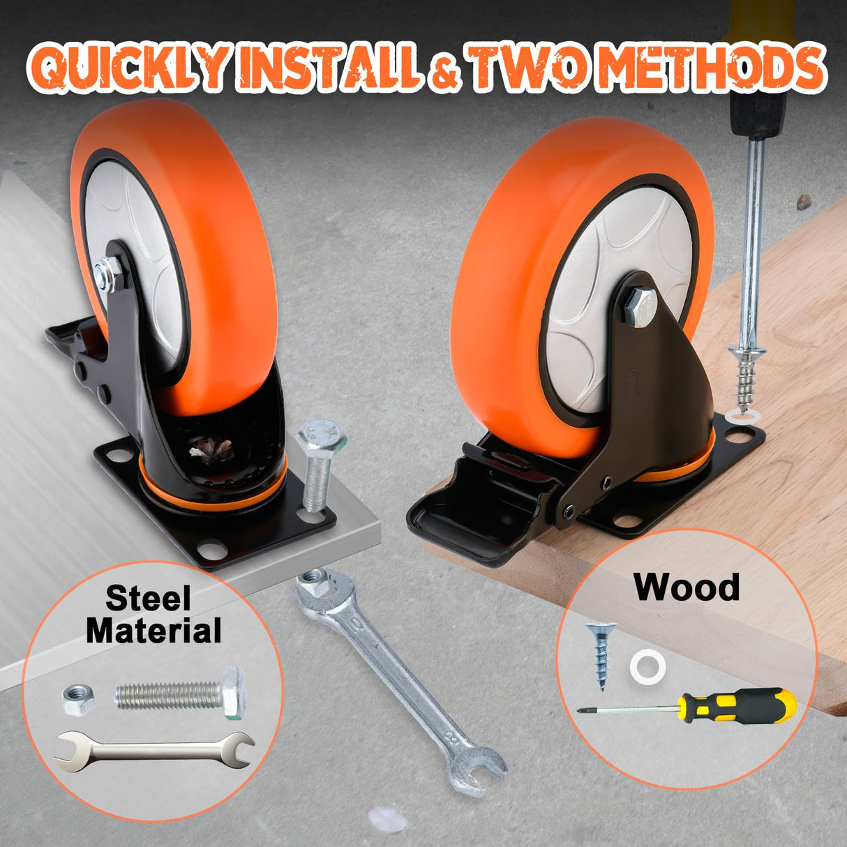 6 Inch Heavy Duty Swivel Caster Wheels with Brake - Set of 4, 3000 Lbs Capacity, PVC No Noise No Marking Wheels for Furniture, Carts, and Equipment (Includes Free Screws) Moogii