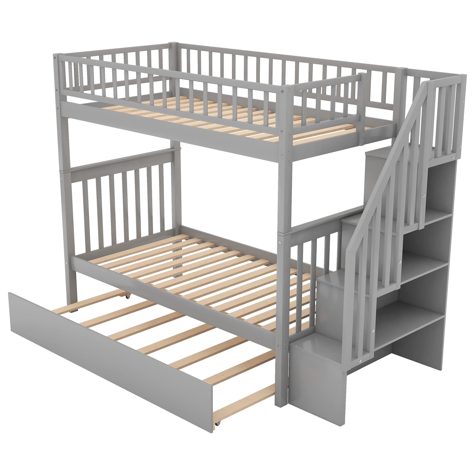 N NAANSI Grey Twin-Over-Twin Bunk Bed with Trundle and Storage Staircase - WoodArtSupply