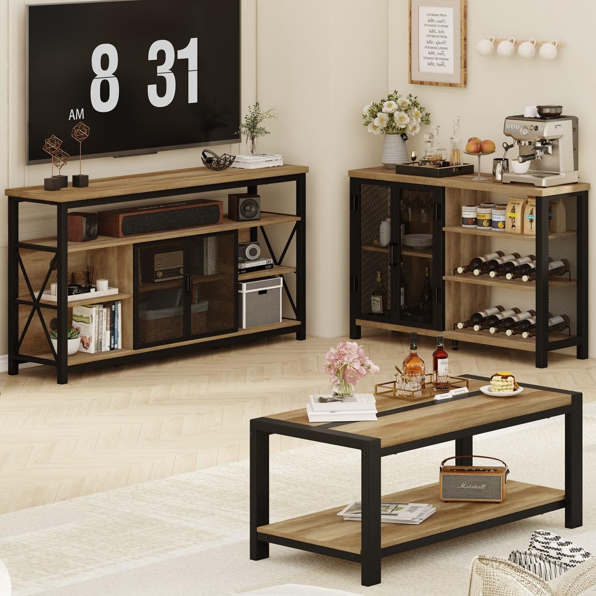 BON AUGURE Industrial Coffee Table, Wood Metal Coffee Tables for Living Room, Farmhouse Rectangle Center Tables, Modern Living Room Table (Vintage Oak, 43 Inch) BON AUGURE