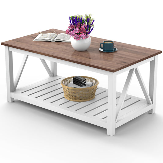 Our Modern Space 40" Farmhouse Coffee Table | Vintage Rustic Wooden Coffee Table with Lower Shelf for Living Room, Dorm, Office, Bedroom Center Table - Brown - WoodArtSupply