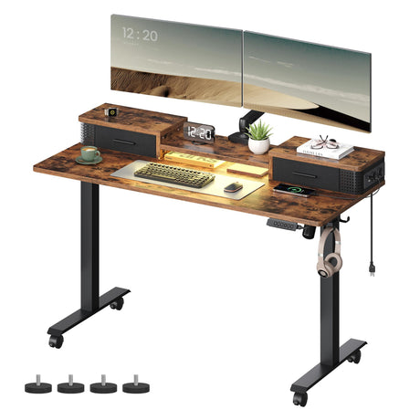 VASAGLE Electric Standing Desk with Drawers, Sit Stand Desk with Built-in Power Strip, Adjustable Height, 23.6 x 55.1 Inches, 2 Hooks, Memory Function, for Home Office, Rustic Brown ULSD184X21 VASAGLE