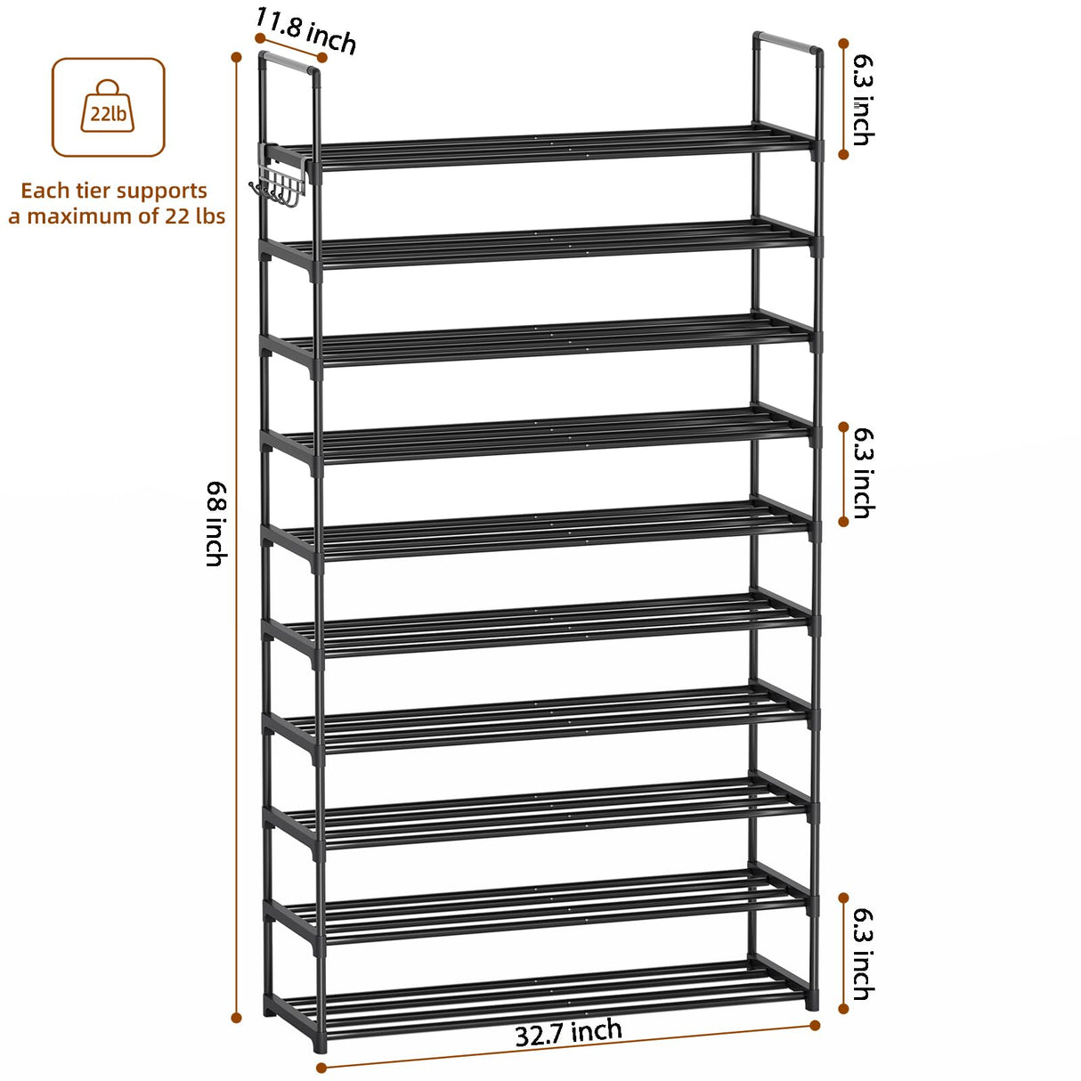 Saincustom 10 Tier Metal Shoe Rack, Tall Shoe Rack for Entryway, Shoe Organizer for Closet, Shoe Storage for Front Door Entrance & Entryway, Black Large Long Shoe Stand Holder Adjustable Shelf Height Saincustom