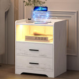 dnbss LED Nightstand with Wired/Wireless Charging Station, Night Stand with 24-Color RGB Lights, Modern Side Table, Smart Nightstands Bedside Table with Drawers for Bedroom, Wood White dnbss
