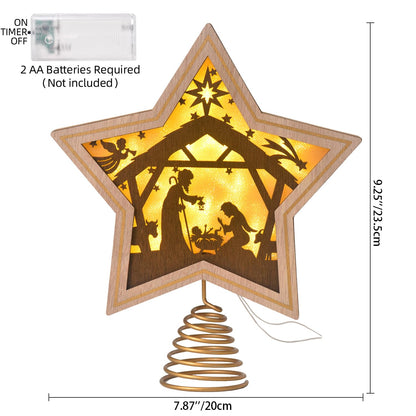 Christmas Tree Topper, Nativity Christmas Treetop Ornaments, Battery Powered LED Light Up Christmas Tree Decorations for Indoor Office Xmas New Year Holiday Tree Decoration 7.87" x 9.25" (Brown)