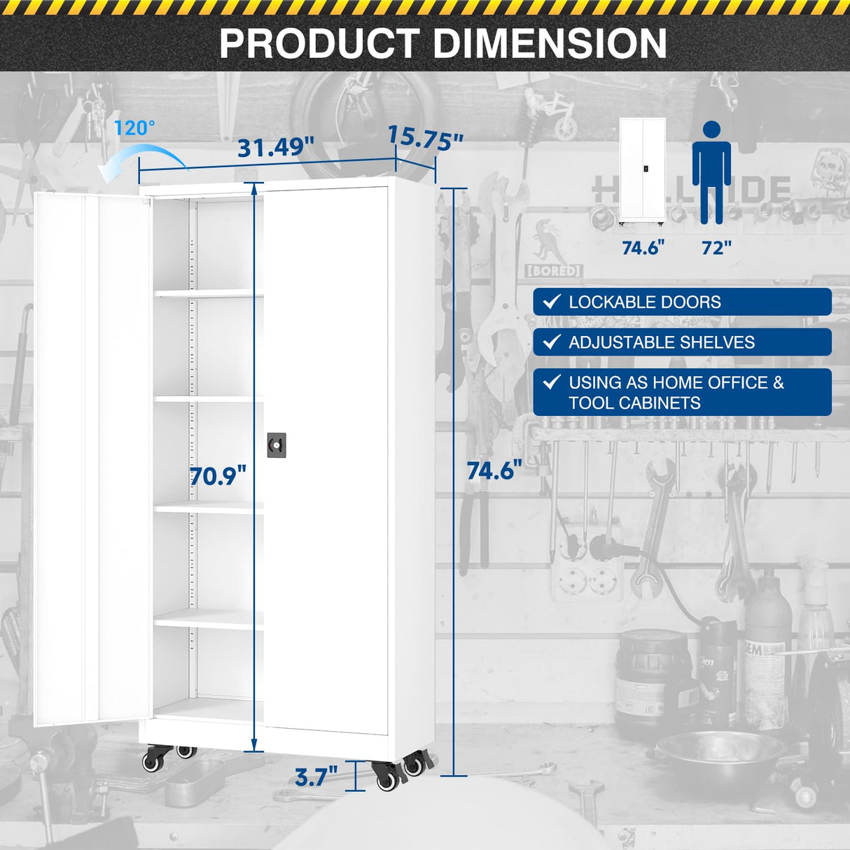 Fesbos Metal Rolling Storage Cabinet-74.6” Tall Steel File Cabinets with Wheels Lockable Doors and Adjustable Shelves-White Steel Storage Cabinet for Home, School, Office, Garage Fesbos