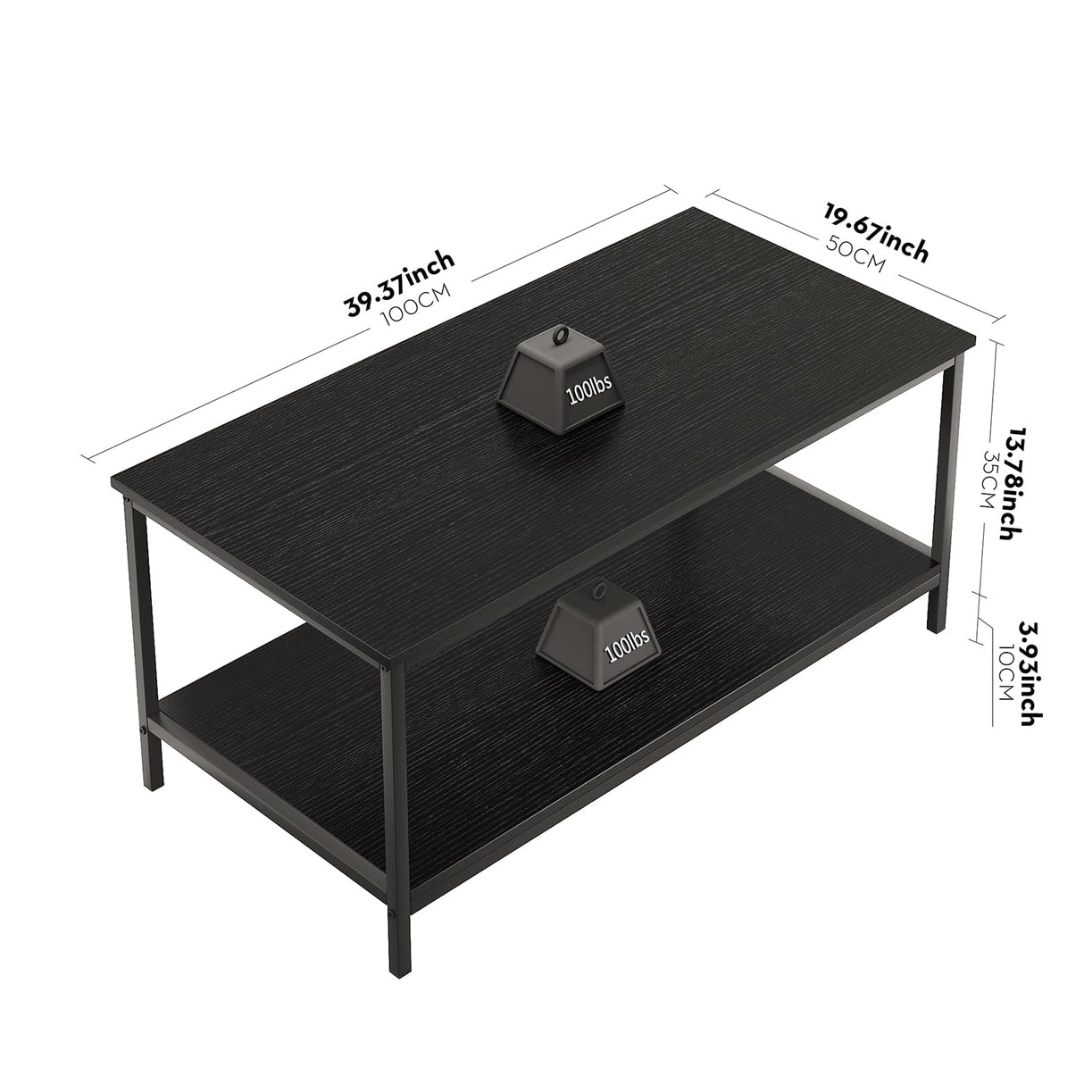 SAYGOER Black Coffee Table for Living Room Modern Rectangle 2-Tier Coffee Tables with Storage Industrial Wood Center Table for Large or Small Spaces Apartment Home Office, All Black SAYGOER