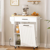 HOOBRO Kitchen Island with Trash Can Storage, Rolling Kitchen Island on Wheels, Kitchen Storage Island with Power Outlet, Mobile Islands Table for 10 Gallon Garbage Bin, White and Natural WN80UZD01 HOOBRO