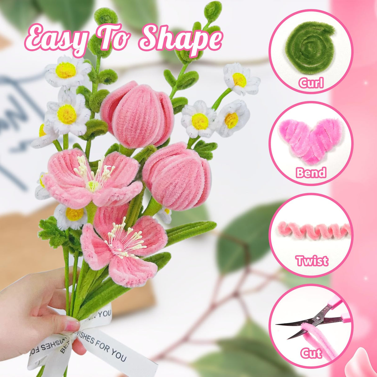 MACIOZE 600 Pcs Pink Pipe Cleaners Craft for Flowers, Pastel Chenille Stems for DIY Art Projects Creative Gift(6 Colors), Bulk Fuzzy Pipe Cleaner Flower Kit, Ideals for Party Decor (Pink Flower) MACIOZE