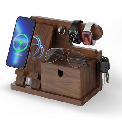 Walnut Wood Phone Docking Station with Wireless Charging, Nightstand Organizer for Men & Women, Compatible with iPhone/Samsung/Apple Watch/AirPods, Gifts for Dad, Husband, Anniversary, Birthday