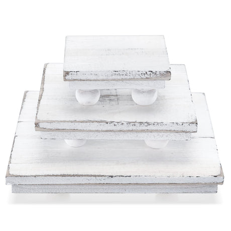 Thyle Set of 3 Wooden Risers for Display Wood Pedestal Stand Square Wood Tiered Display Stand Washed White Wood Display Riser Wood Risers for Decor Rustic Farmhouse Riser for Home Kitchen Tiered Tray Thyle