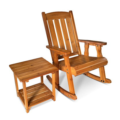 Wooden Rocking Chair with Comfortable Backrest Inclination, High Backrest and Deep Contoured Seat, Solid Fir Wood, Heavy Duty 600 LBS, for Backyard, Porch and Patio (Teak Tone with Table)