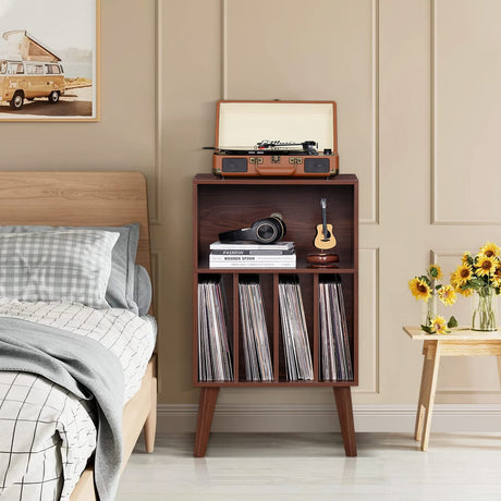Lerliuo Record Player Stand, Walnut Turntable Stand Holds up to 160 Albums, Mid-Century Vinyl Storage Cabinet Table with Solid Wood Legs, Record Player Holder Dispaly Shelf for Bedroom Living Room Lerliuo