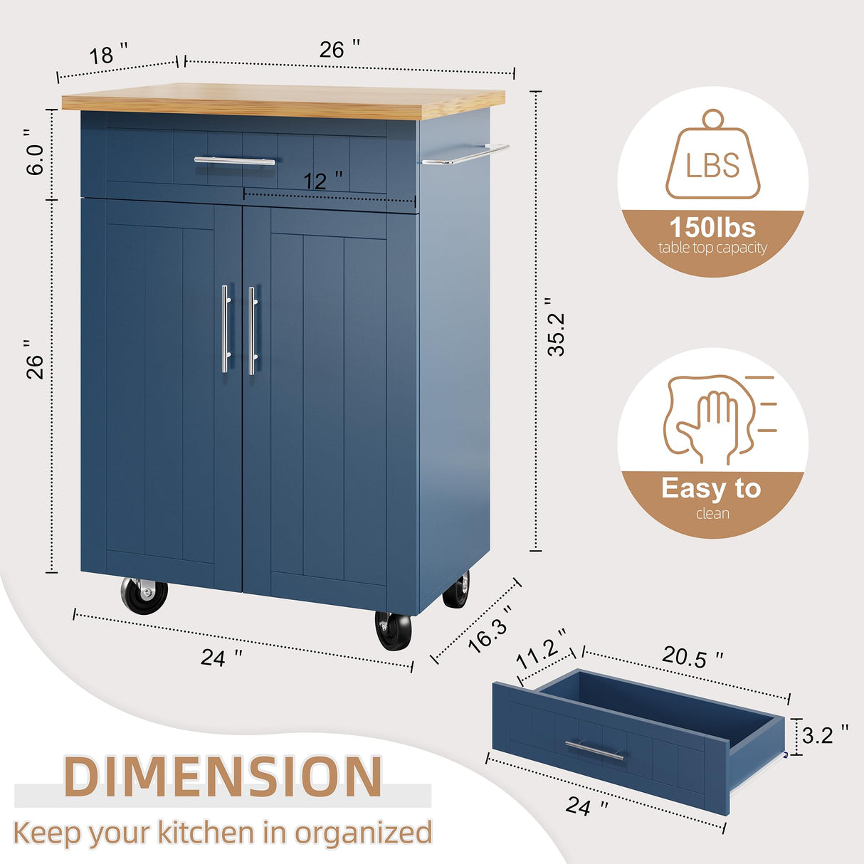 Shintenchi Kitchen Island Cart with Storage,Rolling Kitchen Island Side Table on Wheels with Large Worktop,Storage Cabinet,Towel Rack and Drawers for Kitchen,Dinning Room, Blue Shintenchi
