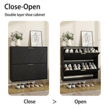 LYNSOM Shoe Cabinet with 2 Flip Drawers, Black Shoe Storage Cabinet, Slim Wooden Freestanding Shoe Rack, Shoe Organizer with Fluted Panel for Entryway Hallway LYNSOM