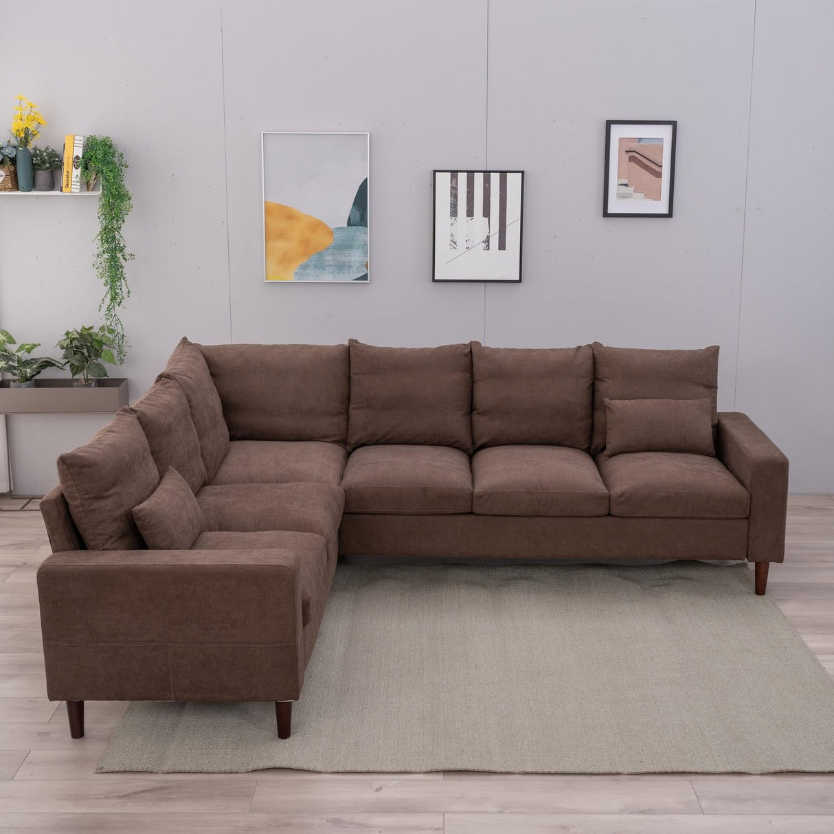 Panana 6 Seats Linen Fabric Large SECTIONAL Corner Sofa Settee - Sofa for Living Room-Left/Right-Hand Side Sofas, Brown Panana
