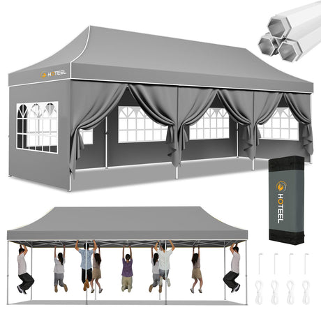 Hoteel Canopy 10x30 Heavy Duty Pop Up Canopy Tent with 8 Sidewalls,UPF50+ and Waterproof 1500mm,3 Height Adjustable,Upgraded Hexagonal Pipe,Commercial Instant Tent,for Picnic,Parties,Wedding,Grey Hoteel