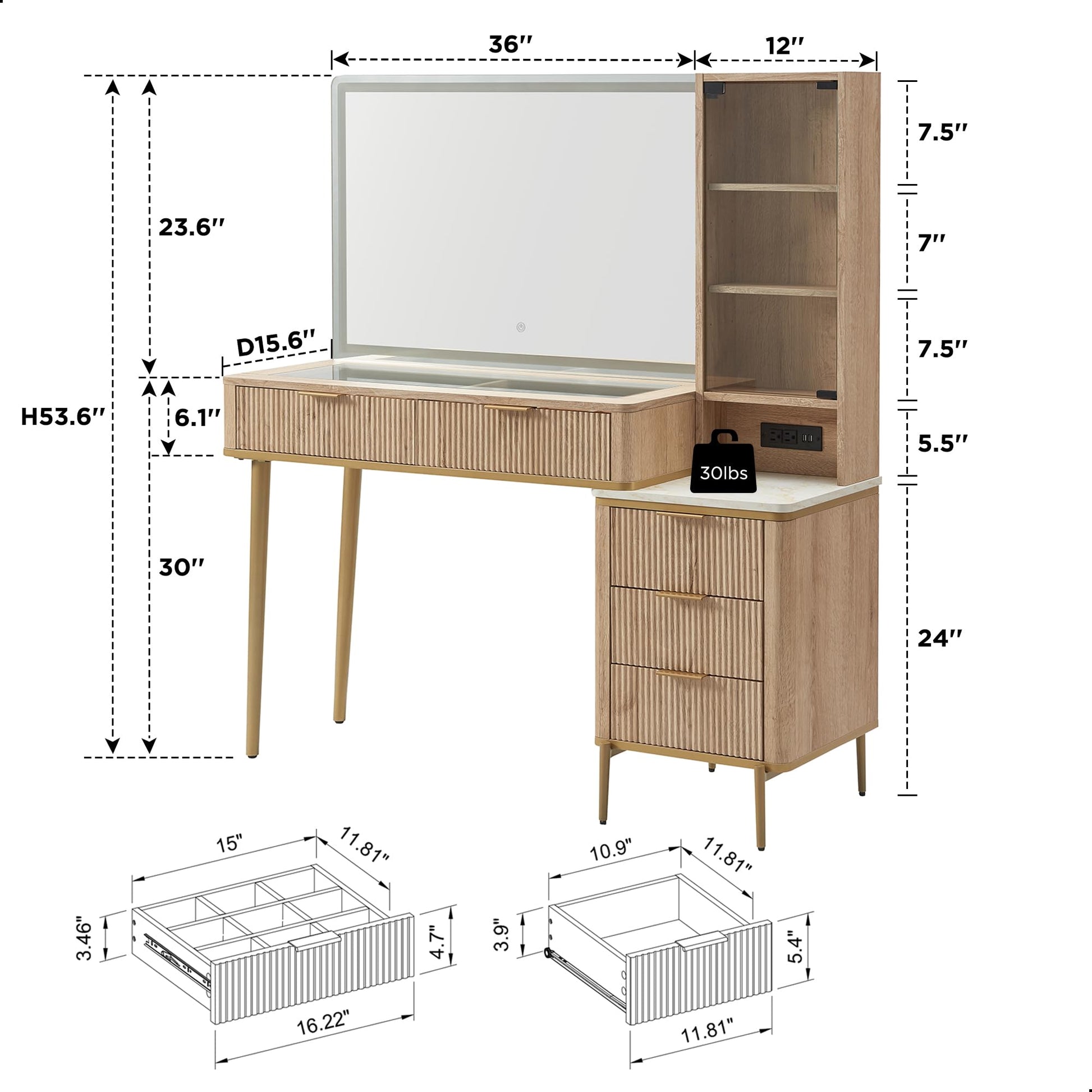 T4TREAM Makeup Vanity Desk with 36" HD Lighted Mirror, 48" Big Modern Vanity Desk with Mirror and Lights, Dressing Table with 5 Drawers & Shelves, Glass Top for Bedroom (Natural Oak) - WoodArtSupply