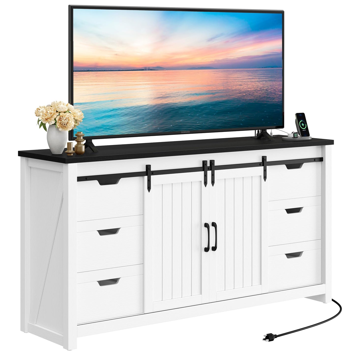 YITAHOME TV Stand for 65 Inch Television, Farmhouse TV Cabinet with Power Outlet & 6 Drawers, Rustic Entertainment Center TV Media Console Table with Storage and Sliding Barn Doors, White/Black, 59''