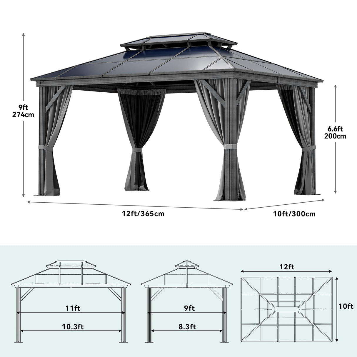 YITAHOME 10X12FT Hardtop Polycarbonate Gazebo Outdoor Patio Double Top Canopy Galvanized Iron Aluminum Column Garden Tent Curtains Netting for Backyards Decks Lawns,Gray YITAHOME