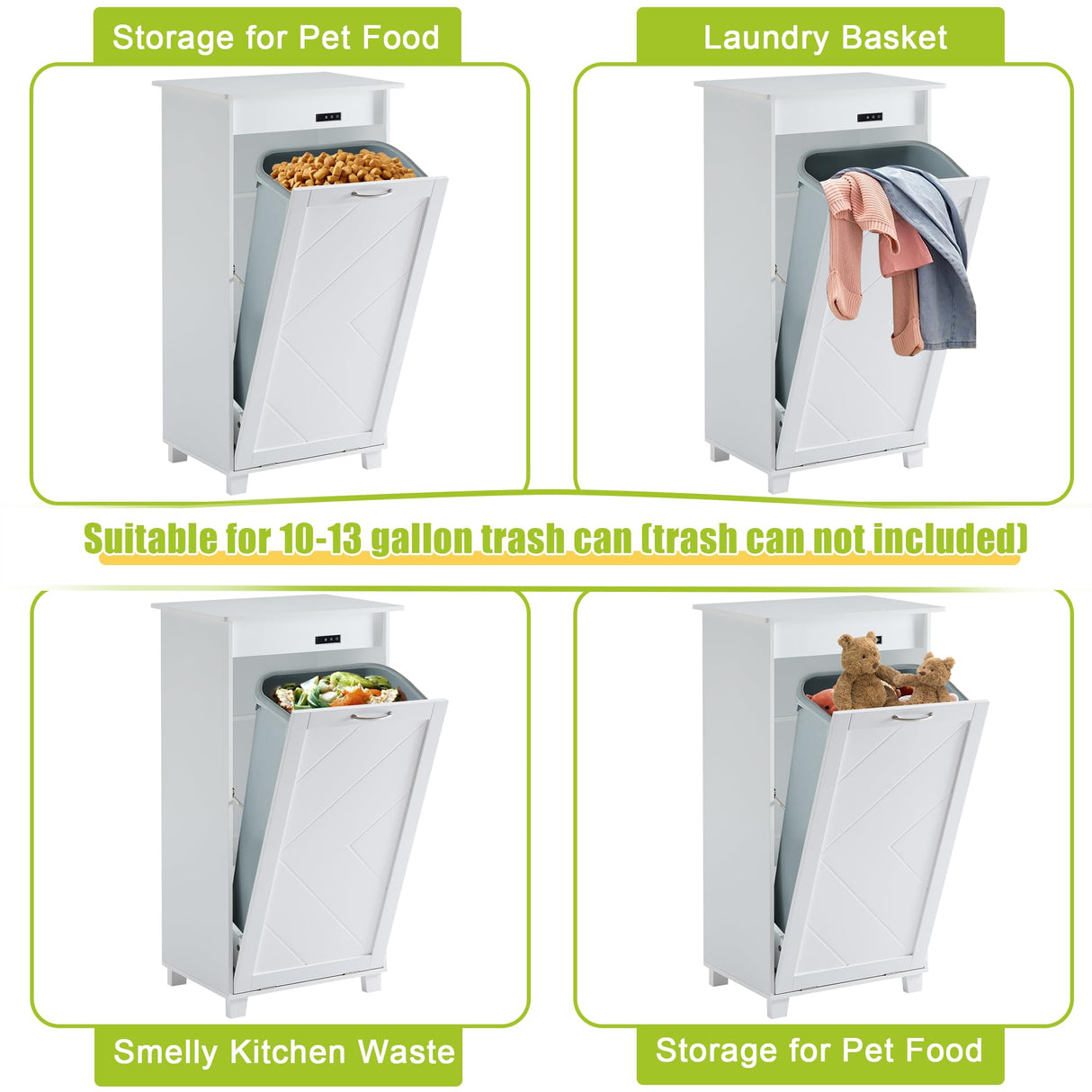 VECELO Tilt Out Kitchen Trash Bin Cabinet, Dog Proof Garbage Can with Wood Holder Free Standing Recycling, White VECELO