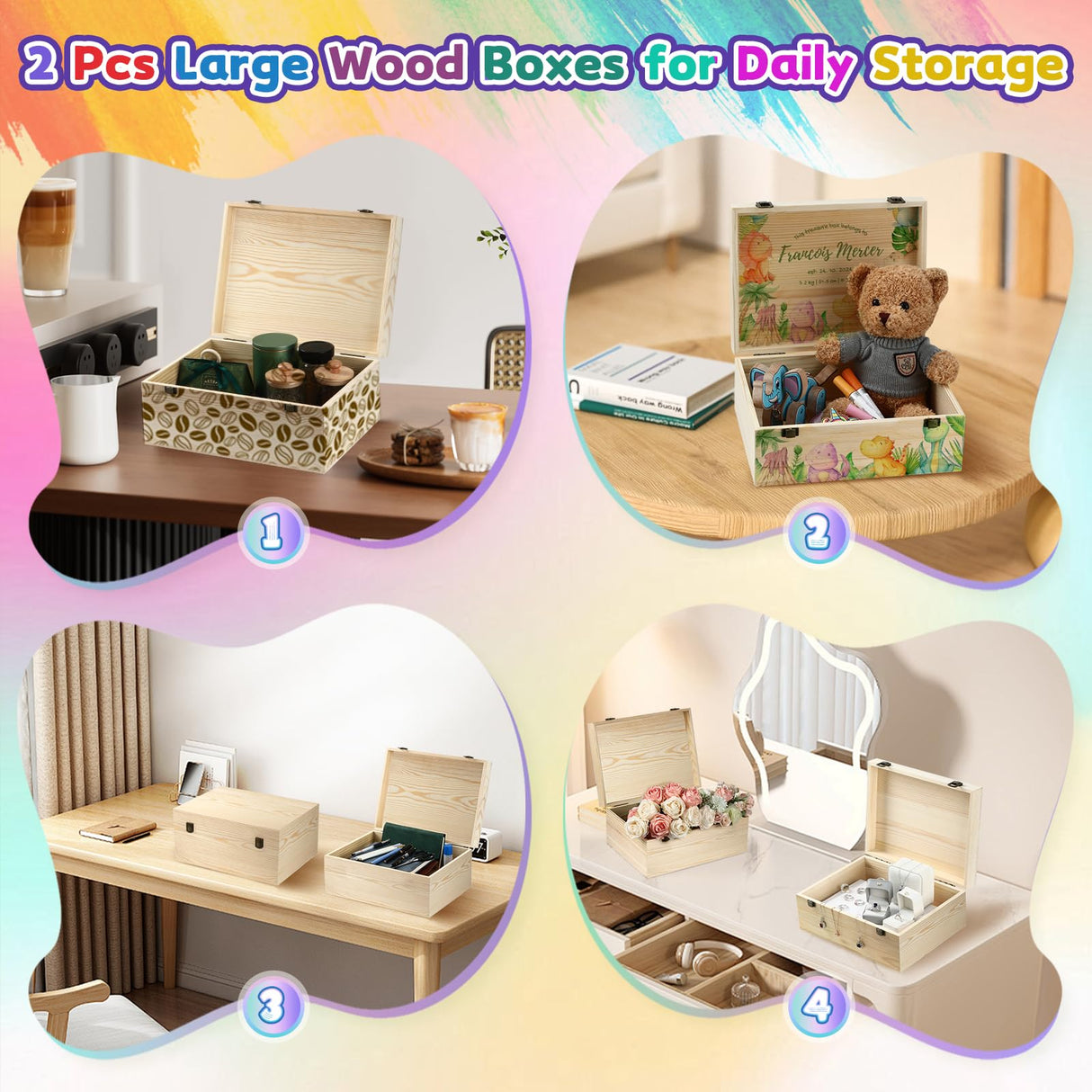 Large Unfinished Wooden Boxes Set of 2 Sizes Wood Box with Hinged Lid – Large Wooden Boxes– Keepsake Memory Boxs- for DIY Crafts, Gifts, Jewelry,Wedding and Storage – Handcrafted Box HIPNOOK