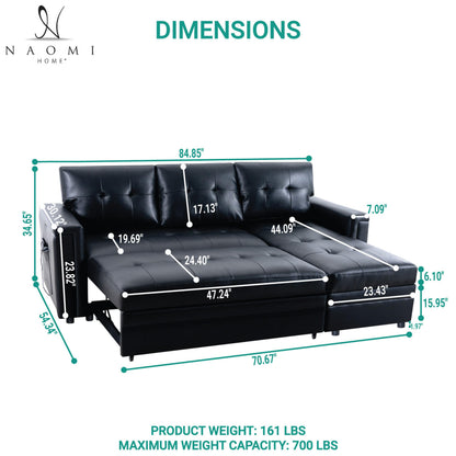 Naomi Home Lily Sectional Sleeper Sofa with USB Ports-L-Shaped Couch Convertible Pull-Out Bed, Ample Storage,Timeless Design,Sturdy Construction,Long-Lasting for Modern Living,Black, Air Leather