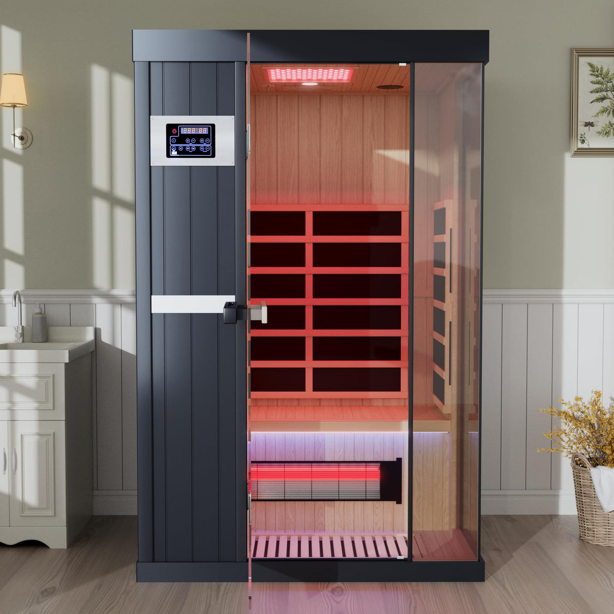 OnxyEdge 2-Person Full Spectrum Infrared Sauna with 12 * 12" Red Light Therapy & 2 Built-in Speakers, Indoor Dry Sauna 1990W/120V with Dual LED Controls for Home & Gym – Canadian Hemlock Spa Room EXTRAFEIN