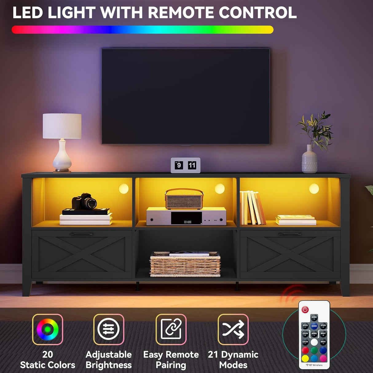 YITAHOME 70 Inch Farmhouse TV Stand, LED Light Entertainment Center Accommodates TVs up to 80 Inches, Media TV Console with Storage Compartments and Customizable Divider for Living Room (Black) YITAHOME