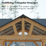 13x15 ft Wood Gazebo, Hardtop Pergola with Steel Gable Roof, Outdoor Gazebo with Guest House for Garden, Porch, Patio, Black + Natural Wood LUXOAK