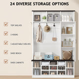 Farmhouse Mudroom Hall Tree with Shoe Storage, 79 Inch Hall Tree with Bench for Entryway, White Entryway Bench with Coat Rack and Barn Door, Adjustable Shoe Cubbies and 3-Tier Cabinet, white 4ever2buy