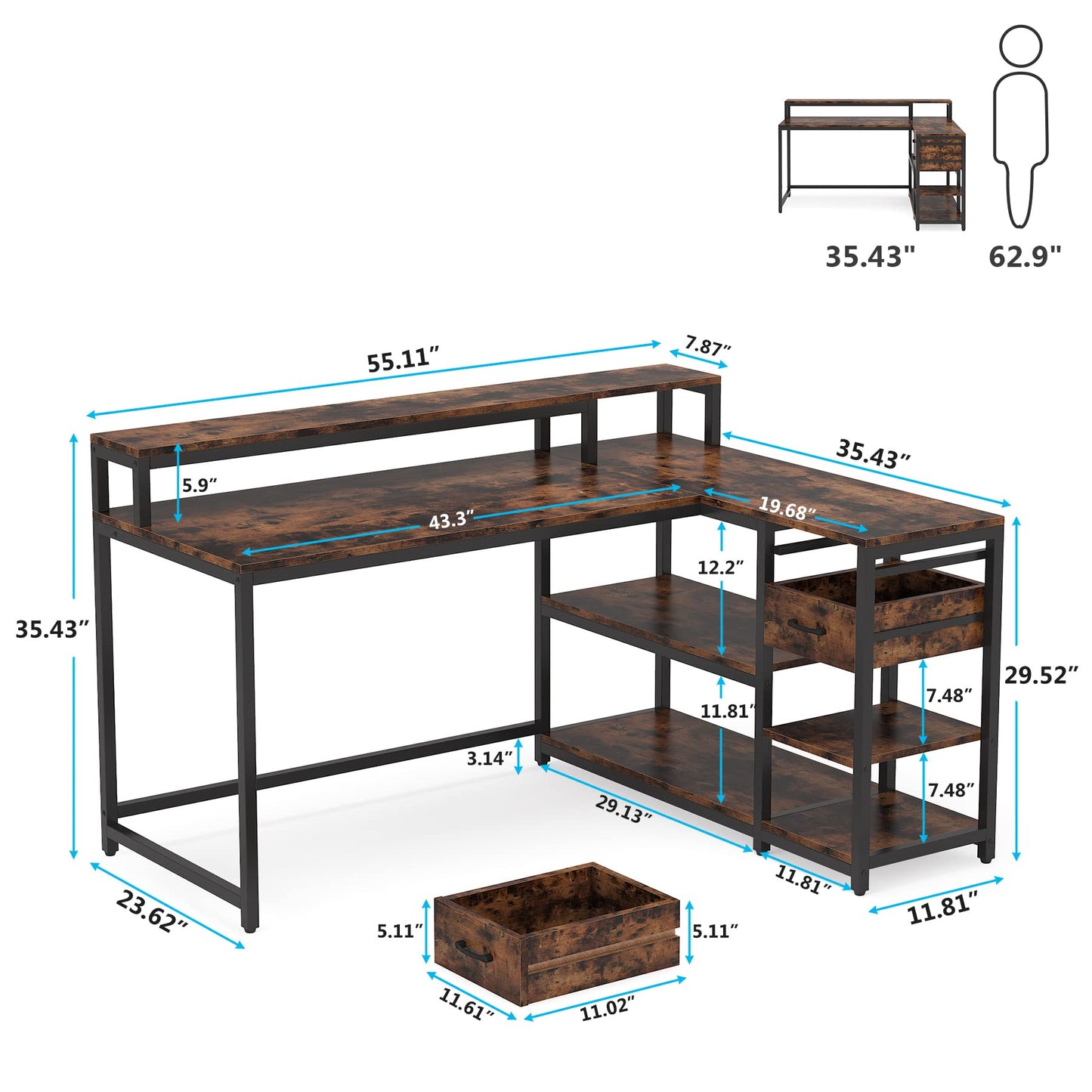 LITTLE TREE Reversible L-Shaped Computer Desk with Hutch & Shelf,Rustic