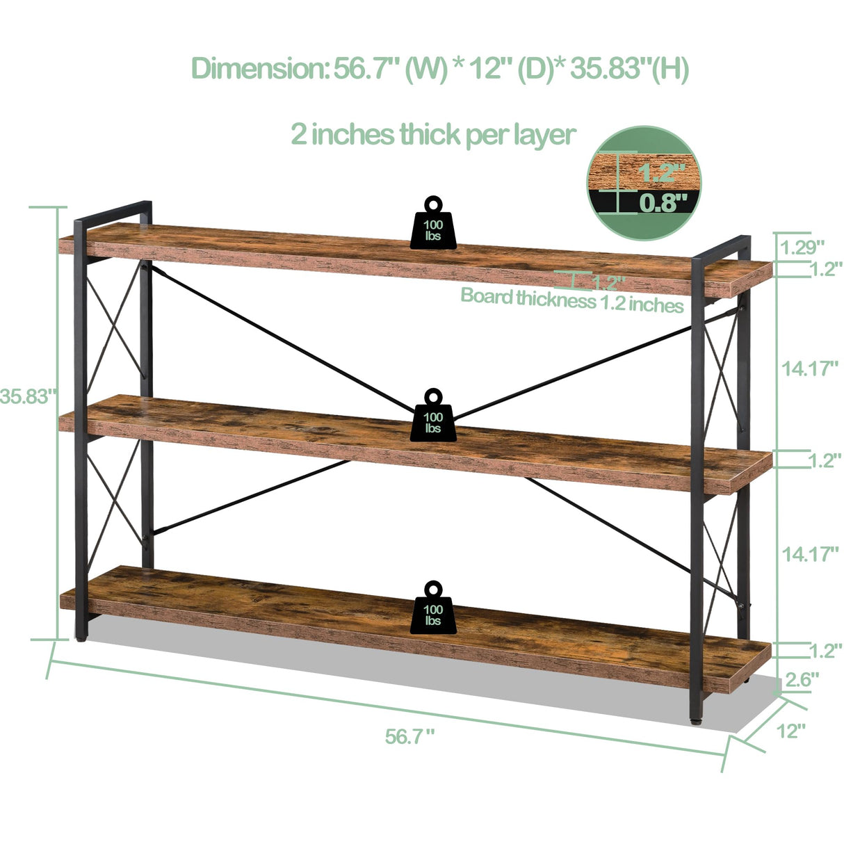 HCHQHS Bookshelf, 3-Tier Long Industrial Bookcase, Rustic Open Book Shelf, Freestanding Horizontal Bookshelves with Metal Frame HCHQHS