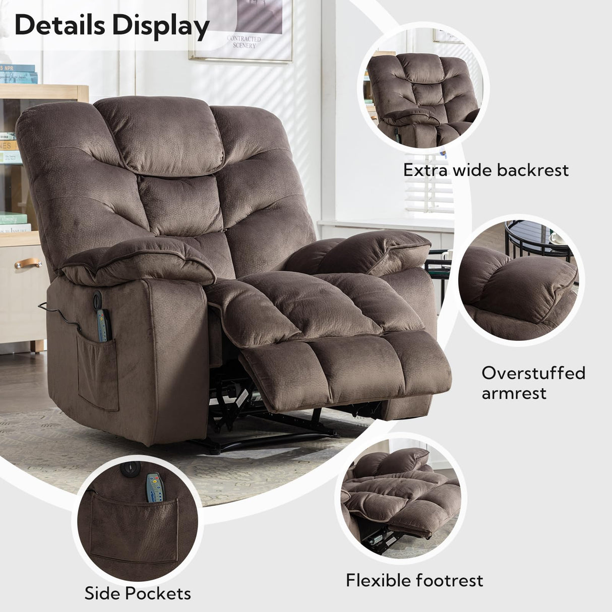 HAOMARKETS Oversized Power Recliner Chair with Massage and Heat, 41" Wide Electric Reclining Chairs with USB Port, Breathable Fabric Overstuffed Reclining Sofa for Living Room Bedroom (No Lift) HAOMARKETS