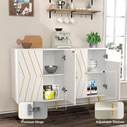 FABLISS 48" Sideboard Buffet Cabinet with Storage, White & Gold Lines Accent Storage Cabinet with 4 Doors, Modern Credenza for Living Room, Dining Room, Entryway, Hallway, Kitchen