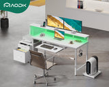 AODK 63" Computer Desk with Fabric File Cabinet and Drawer, Reversible Office Desk with Power Outlet and LED Light, Study Desk with Printer Stand, Keyboard Tray, Full Monitor Riser and PC Stand, White AODK