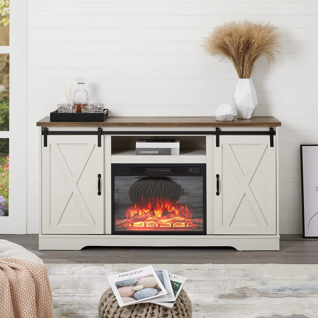 Fireplace TV Stand with Sliding Barn Door for TVs up to 65", Farmhouse 59" Fireplace Entertainment Center with Storage Cabinets/Adjustable Shelves, Distressed White & Barnwood AMERLIFE