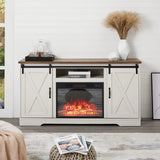 Fireplace TV Stand with Sliding Barn Door for TVs up to 65", Farmhouse 59" Fireplace Entertainment Center with Storage Cabinets/Adjustable Shelves, Distressed White & Barnwood AMERLIFE